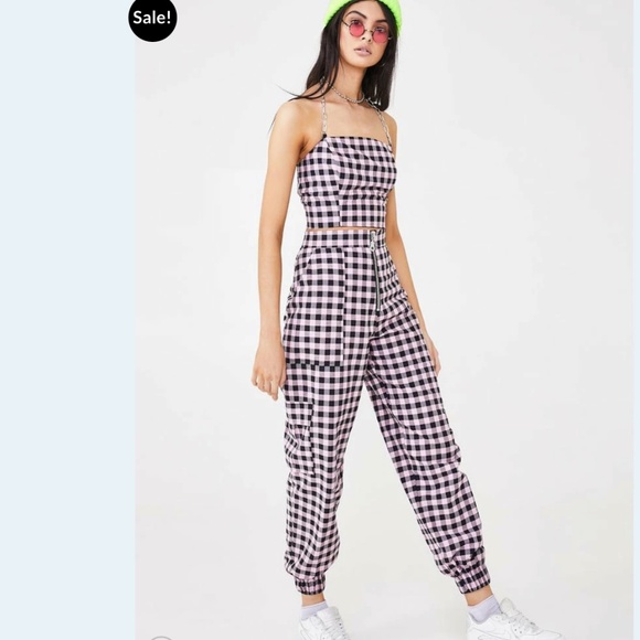 🎶 NWOT the ragged priest plaid pink black pants with zipper - Picture 2 of 8